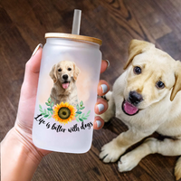 Thumbnail for Personalized Dog Photo Life is Better With Dogs Cats Glass Bottle/Frosted Bottle With Lid & Straw, Best Gift For Dog Cat Lovers AF