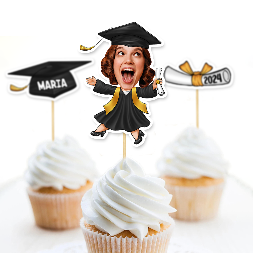 Custom Set Of 3 Designs Face Cupcake Toppers, Graduation Party Decorations FC