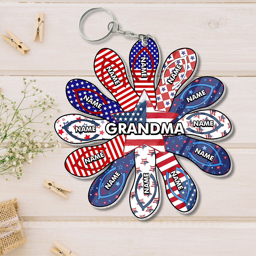 Personalized Grandma Nana Grandkids Patriotic Flip Flop Acrylic Keychain, 4th Of July Gift JonxiFon