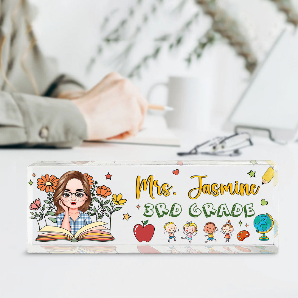 Custom Teacher Name With Book Flowers Acrylic Desk Name Plate, Gift For Teacher AI