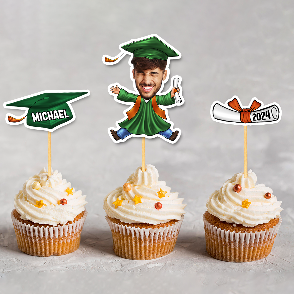 Custom Set Of 3 Designs Face Cupcake Toppers, Graduation Party Decorations FC