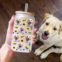 Thumbnail for Custom Sunflower Upload Face Dog Cat Glass Bottle/Frosted Bottle With Lid & Straw, Pet Lover Gift AF