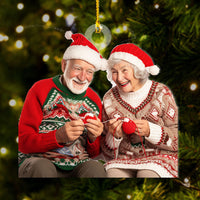 Thumbnail for Personalized Acrylic Ornament - Gift For For Knitters & Crocheters - Knitting Old Couple Photo AC