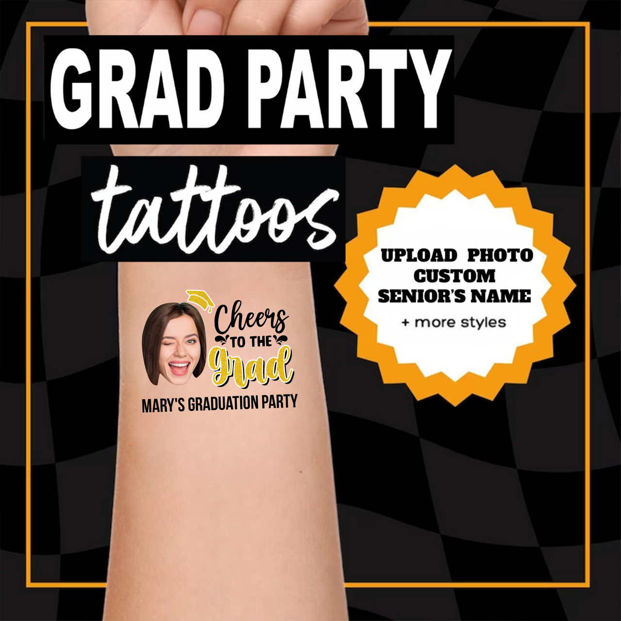 Personalized Graduation Party Face Photo Temporary Tattoos, Cheer to Our Graduate FC