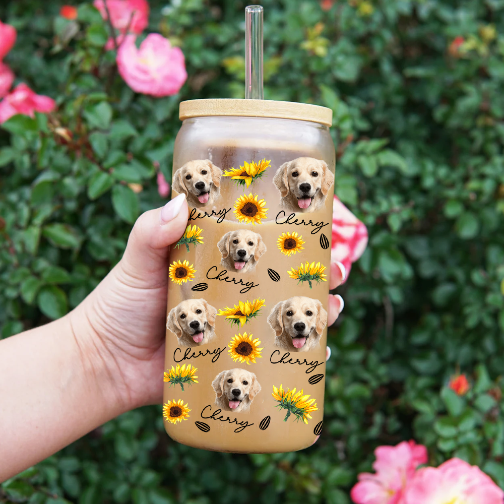 Custom Sunflower Upload Face Dog Cat Glass Bottle/Frosted Bottle With Lid & Straw, Pet Lover Gift AF