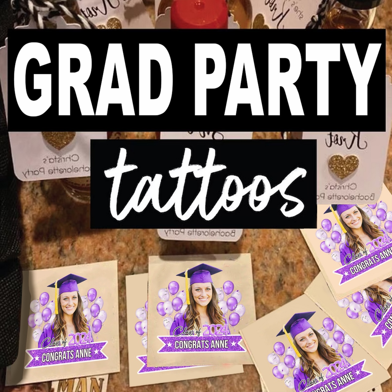 Personalized Congrats Class of 2024 Glitter Balloons Graduation Party Tattoos FC