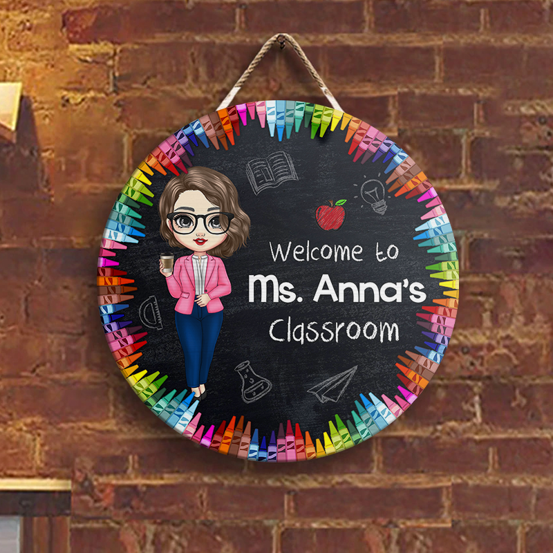 Personalized Teacher Colorful Crayon Door Sign, Classroom Welcome Door Hanger Z