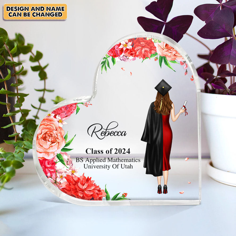 Custom Girl With Flowers Graduation Heart Shaped Acrylic Plaque, Graduation Gift