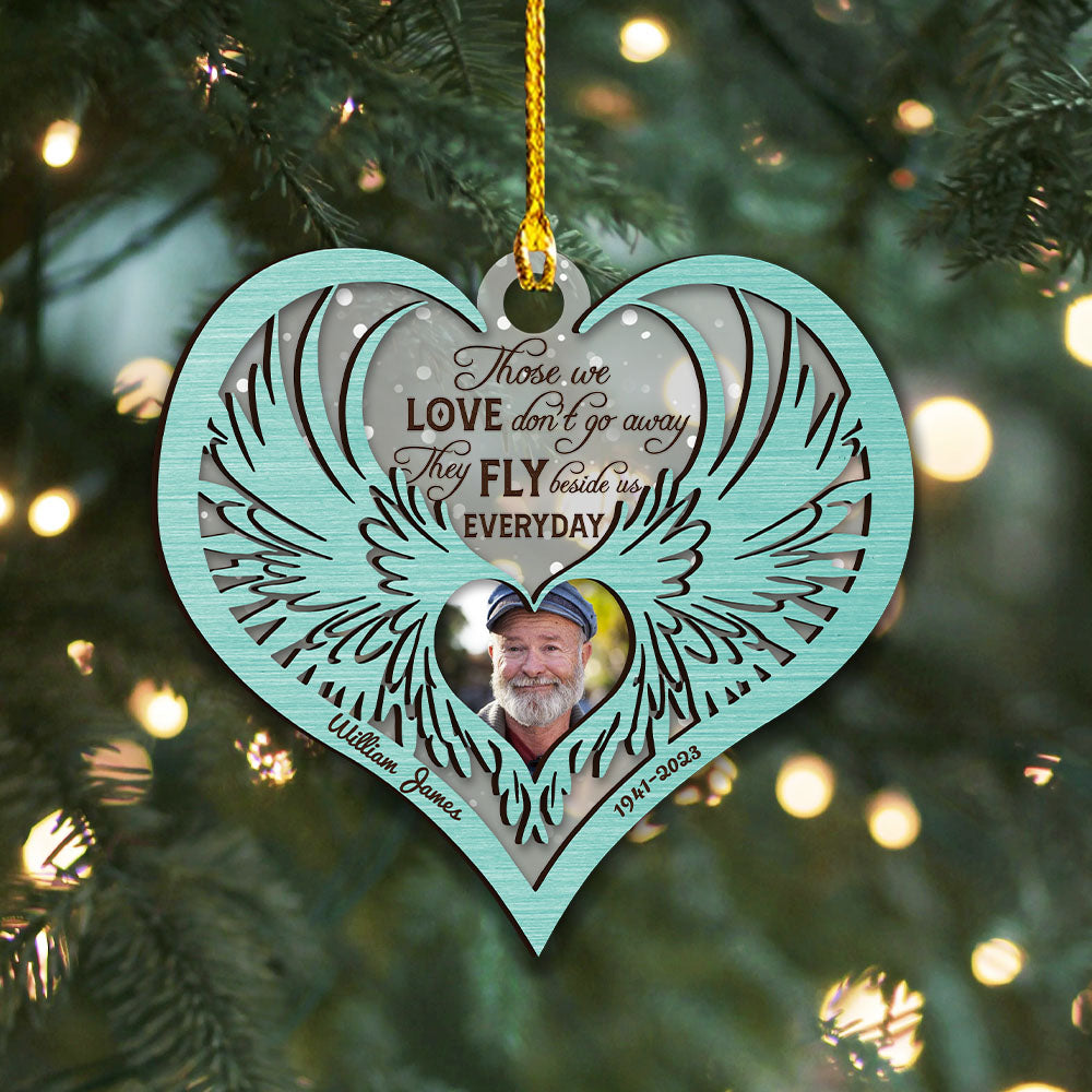 Personalized Wooden & Acrylic Layered Ornament - Christmas Memorial Gift For Family - Multicolor Angel Wings Heart Photo AC