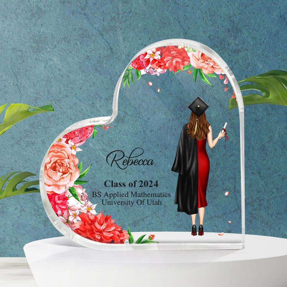 Custom Girl With Flowers Graduation Heart Shaped Acrylic Plaque, Graduation Gift