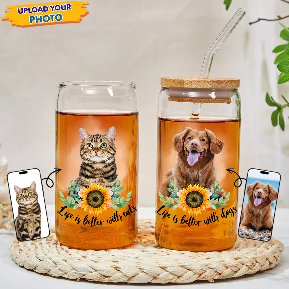 Personalized Dog Photo Life is Better With Dogs Cats Glass Bottle/Frosted Bottle With Lid & Straw, Best Gift For Dog Cat Lovers AF