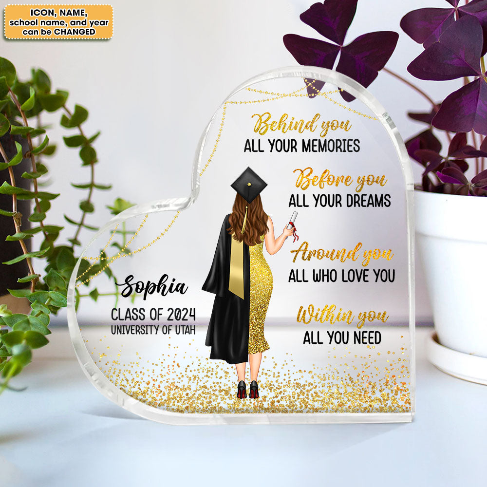 Personalized Class Of 2024 Graduation Girl Heart Shaped Acrylic Plaque, Graduation Gift