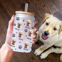 Thumbnail for Custom Photo With Name Dog Cat Glass Bottle/Frosted Bottle With Lid & Straw, Pet Lover Gift AF