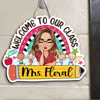 Thumbnail for Personalized Rainbow Teacher Shaped Door Sign, Classroom Welcome Door Hanger AE