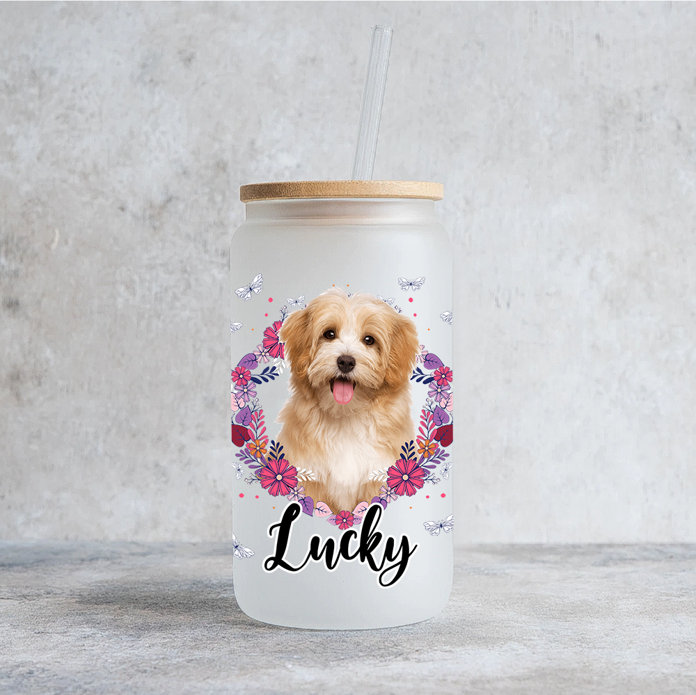 Personalized Multicolor Floral Butterfly Dog Cat Photo Glass Bottle/Frosted Bottle With Lid & Straw AF