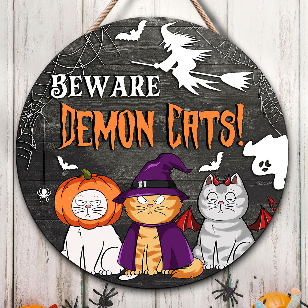 Custom Beware Demon Cat Round Door Sign, Halloween Decorations AE