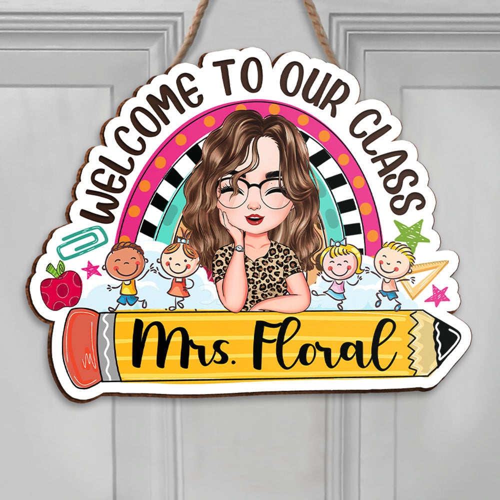 Personalized Rainbow Teacher Shaped Door Sign, Classroom Welcome Door Hanger AE