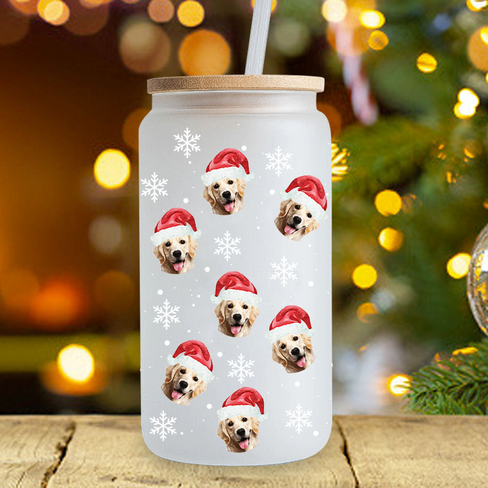 Personalized Glass Bottle/Frosted Bottle - Christmas Gift For Pet Lovers - Santa Hat With Face Photo AF