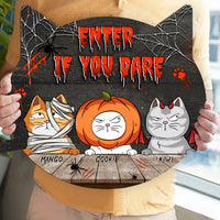 Thumbnail for Personalized Cat Shaped Door Sign - Halloween Gift For Cat Lovers - Enter If You Dare AE