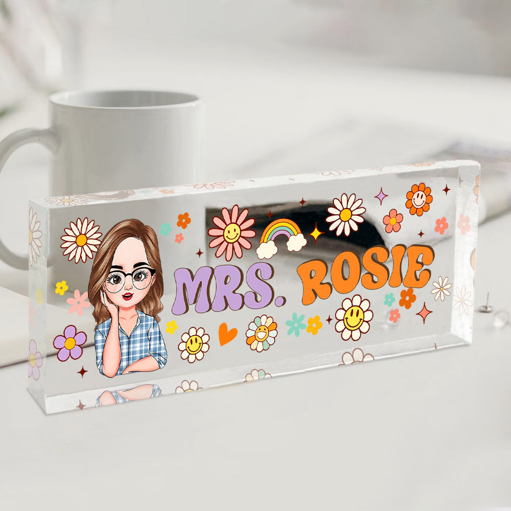 Personalized Acrylic Desk Name Plate - Gift For Teacher - Teacher's Name With Flowers & Rainbow AI