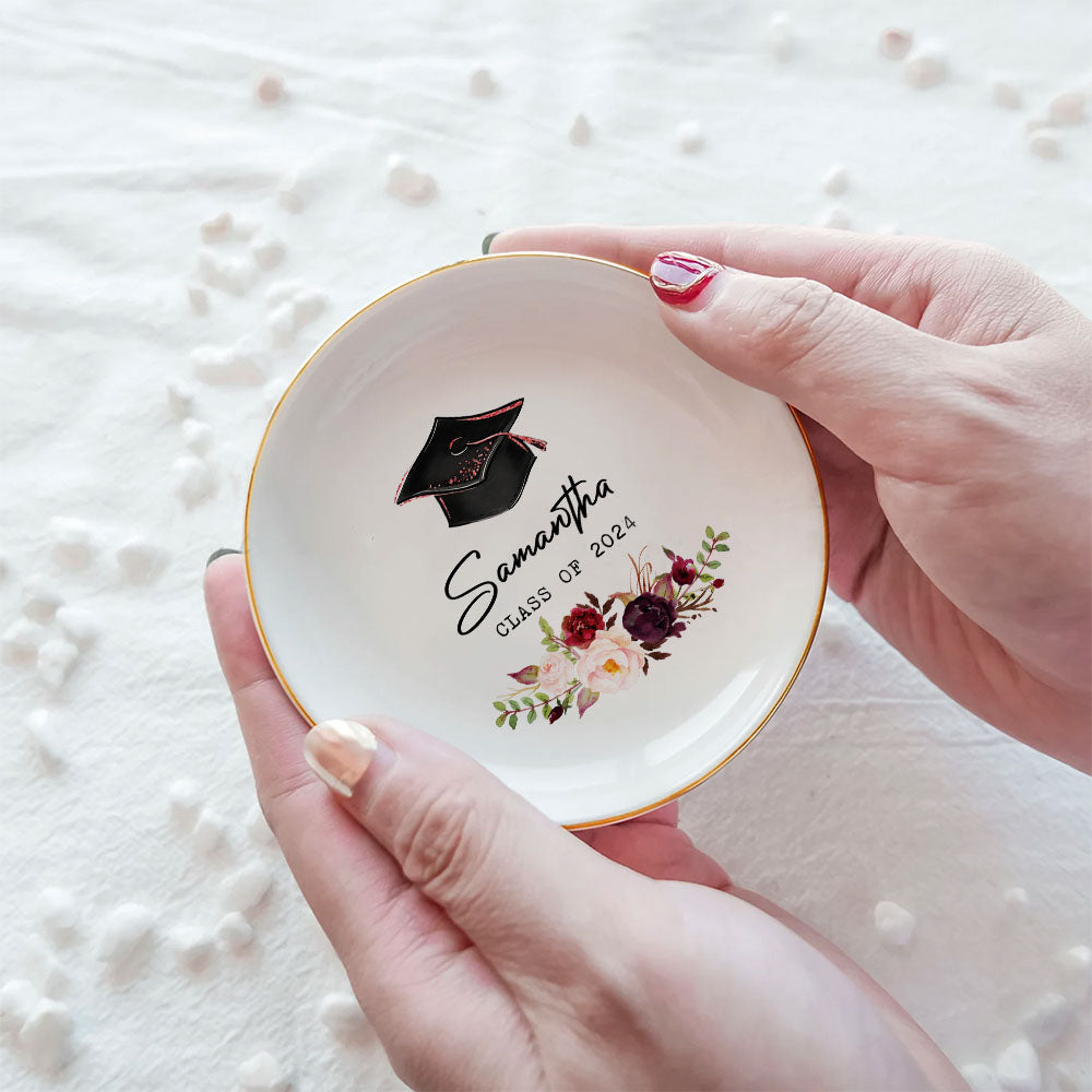 Custom Floral With Name Class of 2024 Graduation Round Jewelry Ring Dish, Jewelry Tray, Graduation Gift