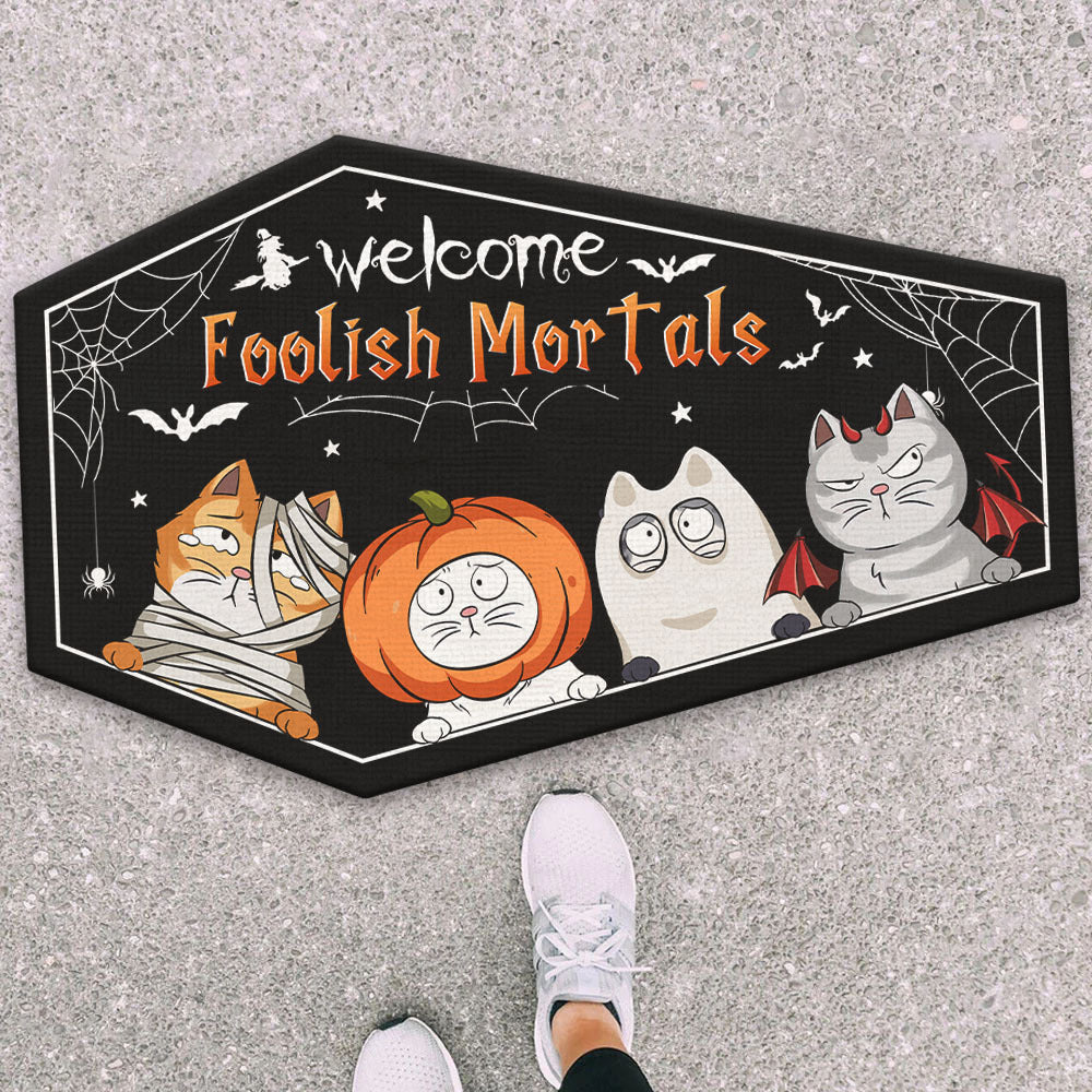 Personalized Coffin Shaped Doormat - Halloween Gift For Cat Lovers - Welcome Foolish Mortals AB
