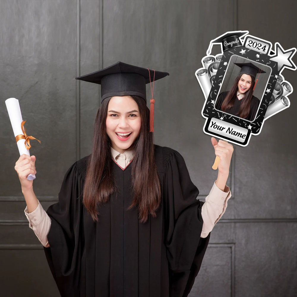 Custom Certificate & Star Photo Graduation Face Fans With Wooden Handle, Gift For Graduation Party