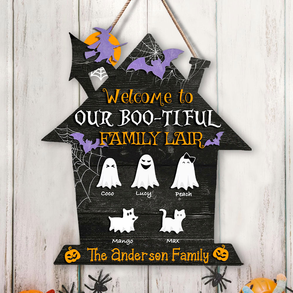 Personalized Shaped Door Sign - Halloween Gift For Family - Welcome To Our Boo-tiful Family Lair AE