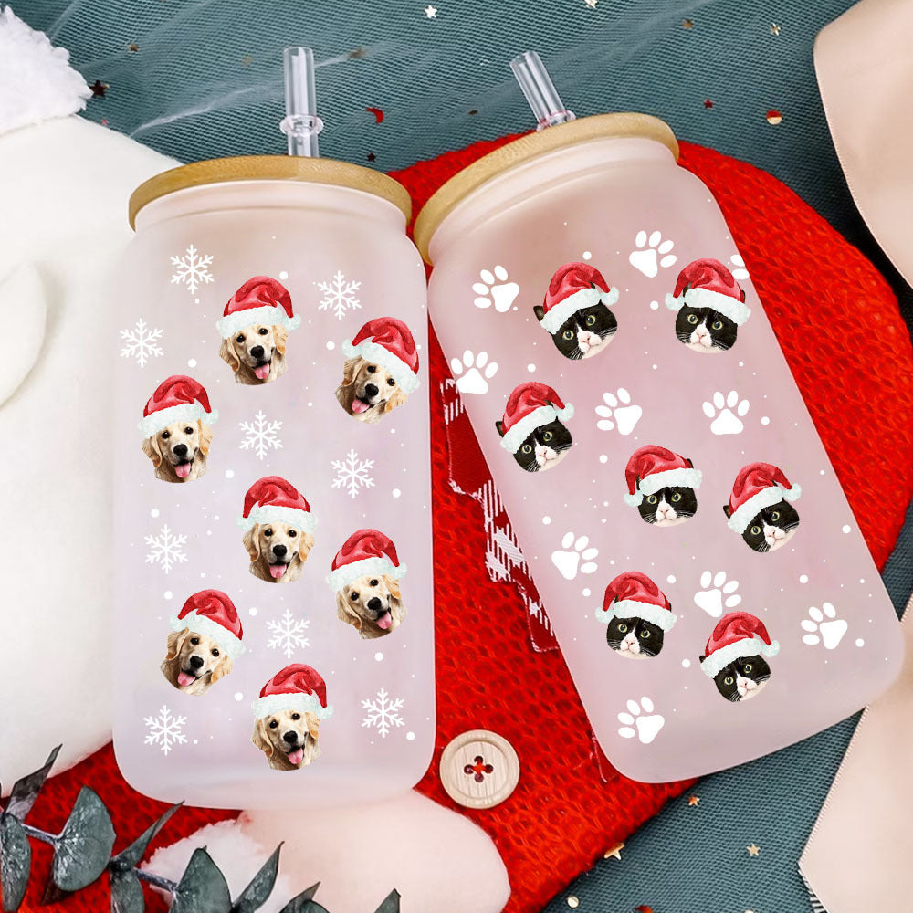 Personalized Glass Bottle/Frosted Bottle - Christmas Gift For Pet Lovers - Santa Hat With Face Photo AF