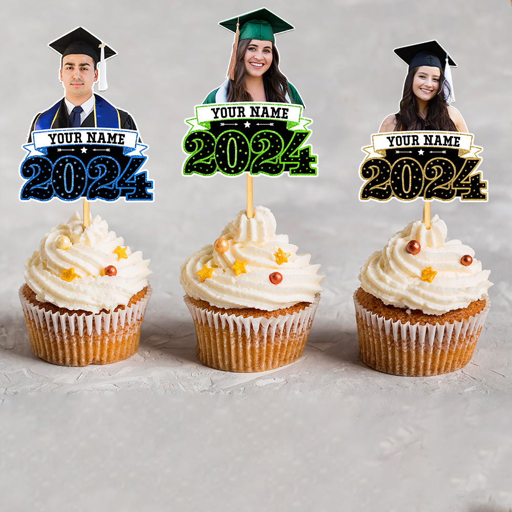 Custom Face With Name 2024 Photo Graduation Cupcake Toppers, Graduation Party Decorations FC