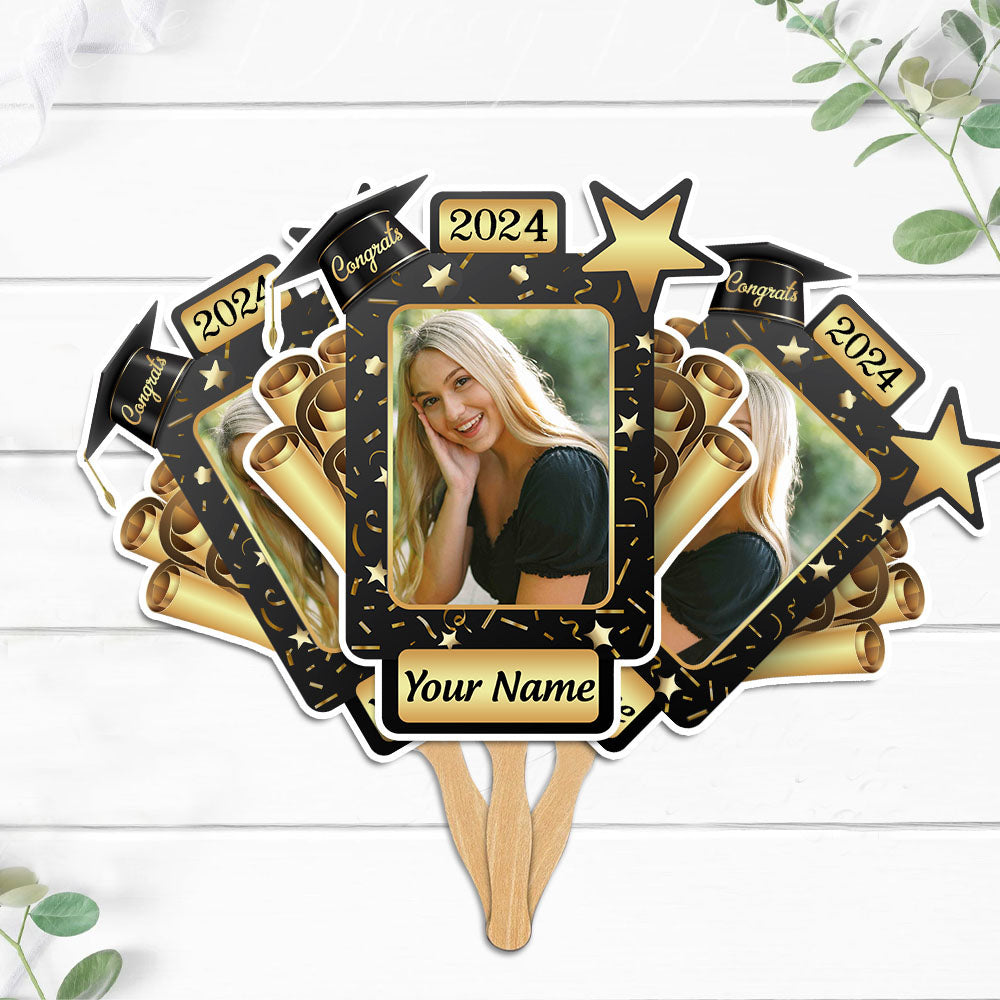 Custom Certificate & Star Photo Graduation Face Fans With Wooden Handle, Gift For Graduation Party
