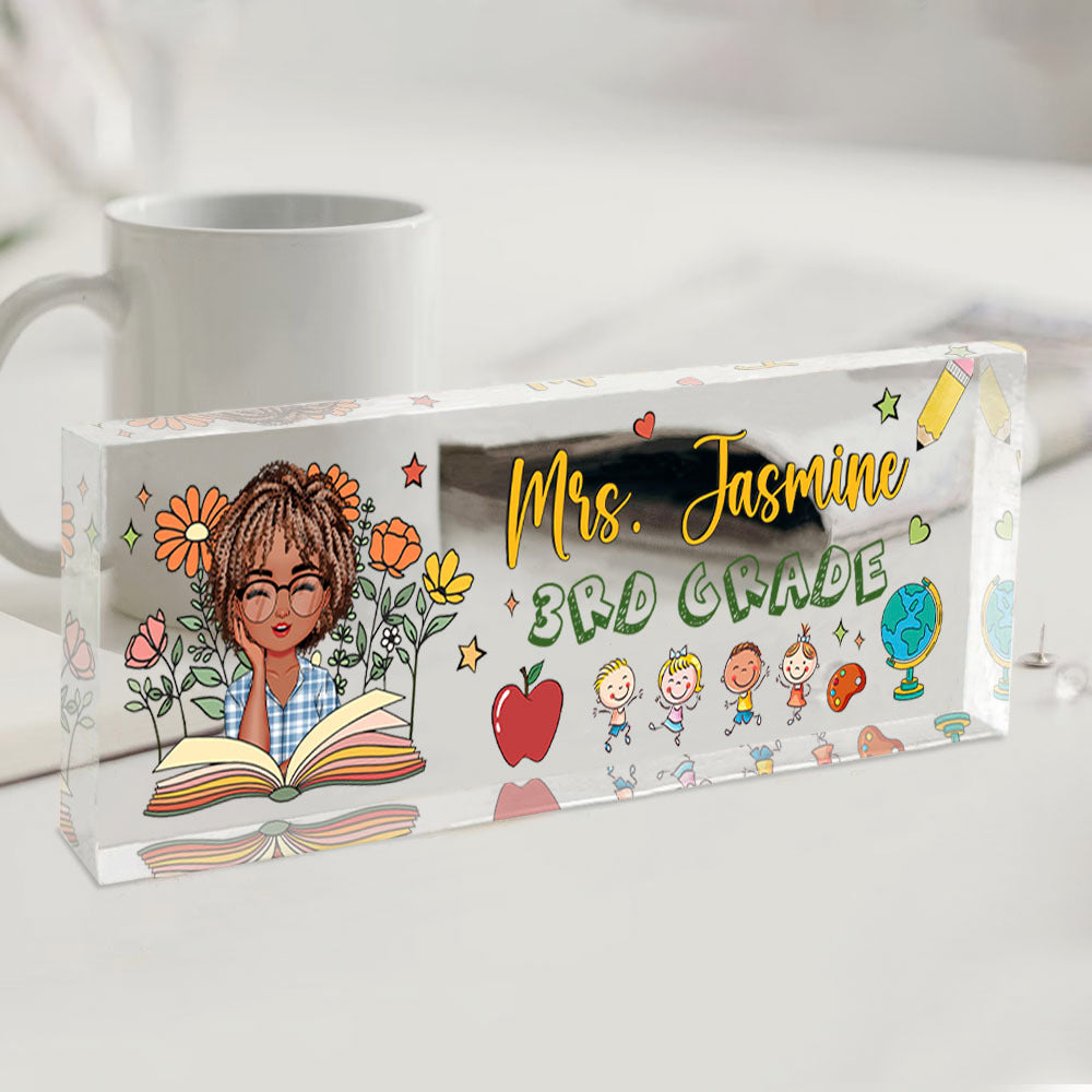 Custom Teacher Name With Book Flowers Acrylic Desk Name Plate, Gift For Teacher AI