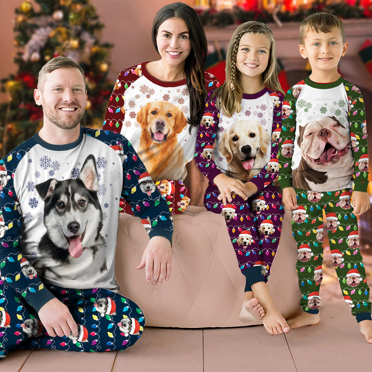 Personalized Raglan Pajamas Set - Christmas Gift For Pet Lovers - Colorful Christmas Lights Pet Photo Merchize