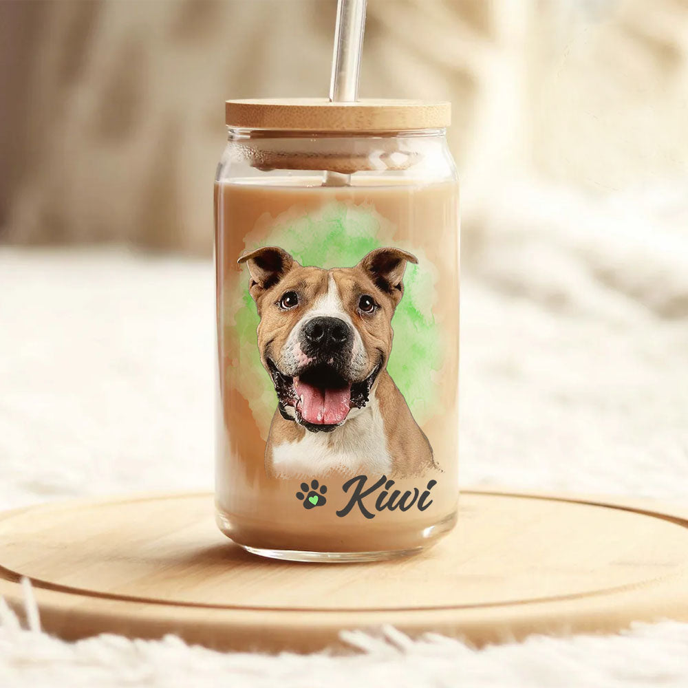Custom Dog Cat Photo Portraits With Paws Glass Bottle/Frosted Bottle With Lid & Straw, Pet Lover Gift AF