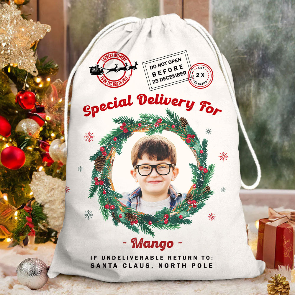 Personalized Santa Sack - Christmas Gift For Family & Pet Lover - Photo With Round Wreath AB