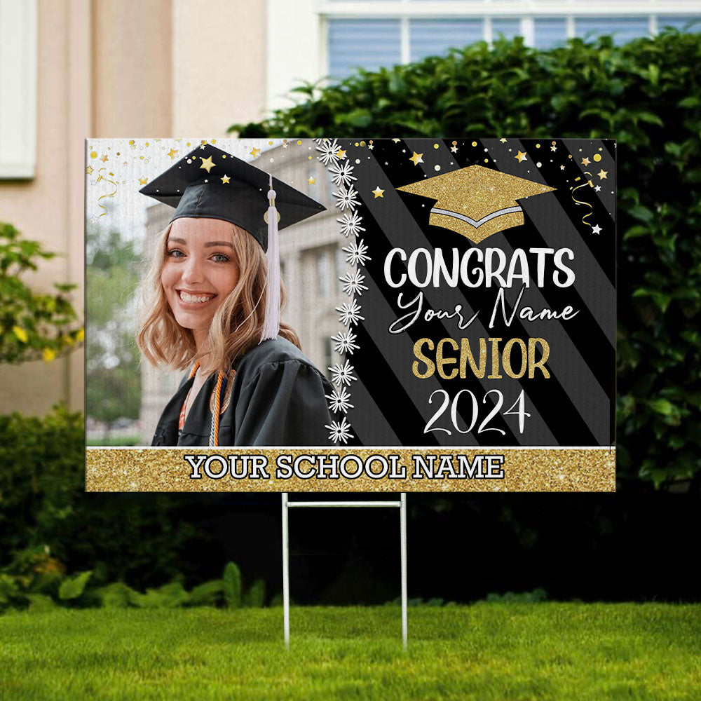 Personalized 2024 Senior Photo Multicolor Glitter Yard Sign With Stake, Proud Graduation Decoration Gift AN