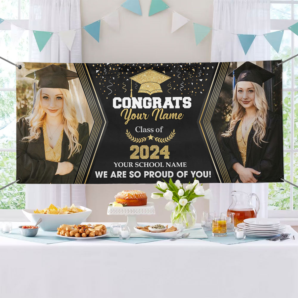 Gliltter Congrats Class Of 2024 Photo Personalized Banner, Graduation Decoration Gift