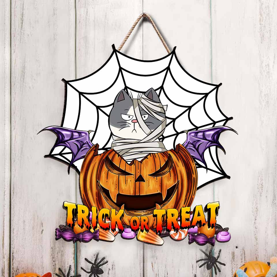 Personalized Shaped Door Sign - Halloween Decor Gift For Cat Lovers - Trick Or Treat Demon Pumpkin AE