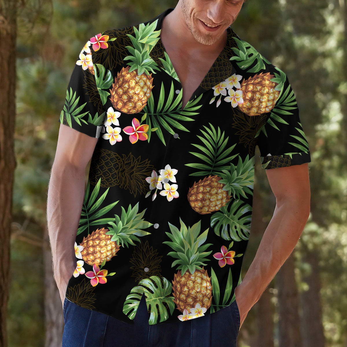Custom Pet Face Photo Black Hawaiian Shirt, Palm Leaves Tropical AI