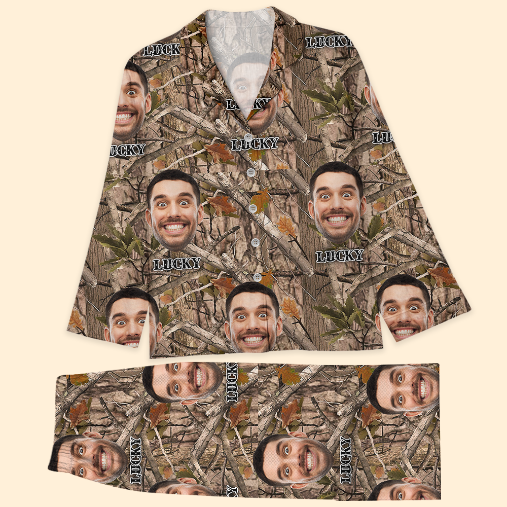 Personalized Custom Face Husband Wife Camo Hunting Pattern Pajamas Set, Funny Gift For Hunting Lover AB