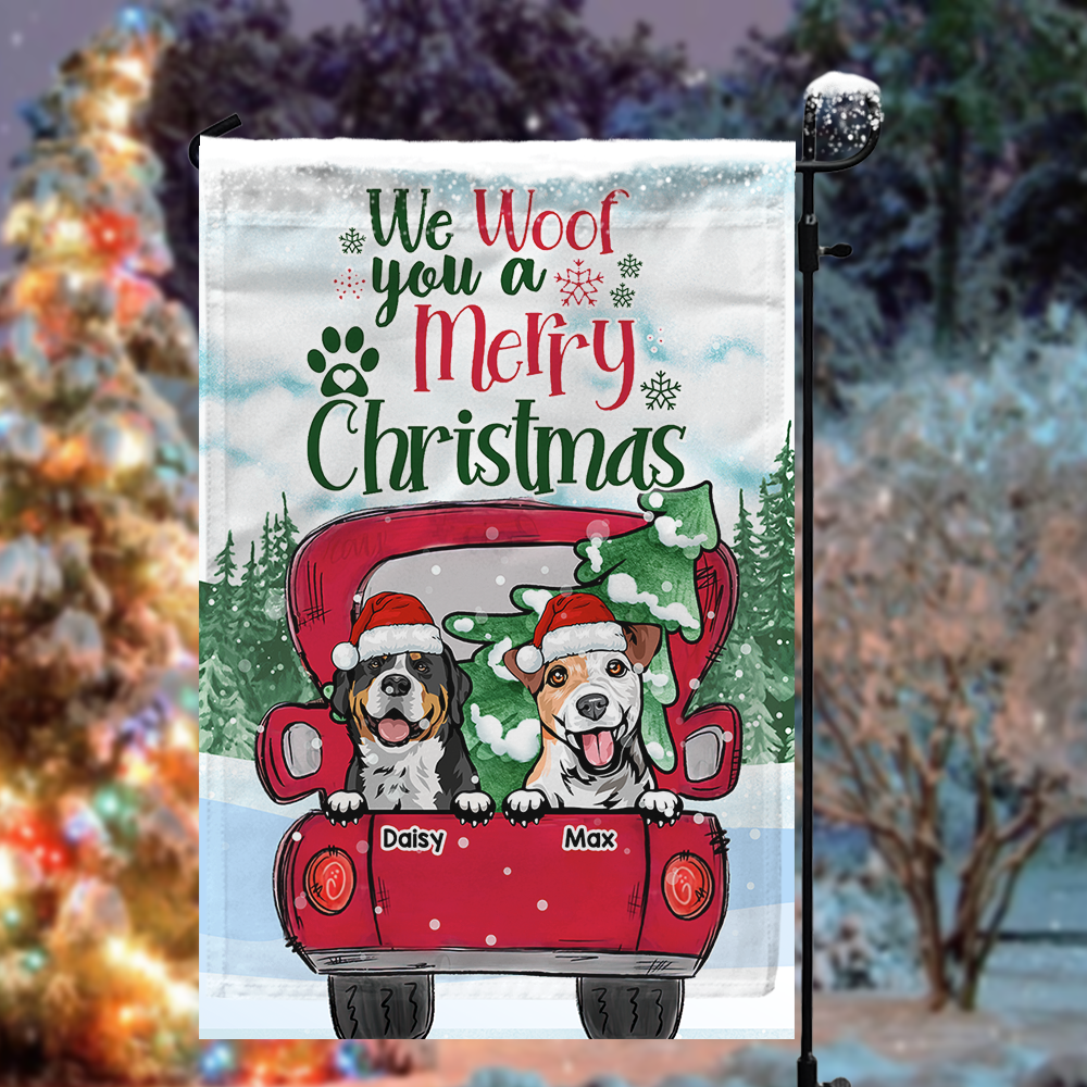 We Woof You A Merry Christmas Red Truck Personalized Dog Flag, Christmas House Decor AD