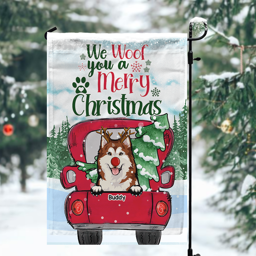We Woof You A Merry Christmas Red Truck Personalized Dog Flag, Christmas House Decor AD