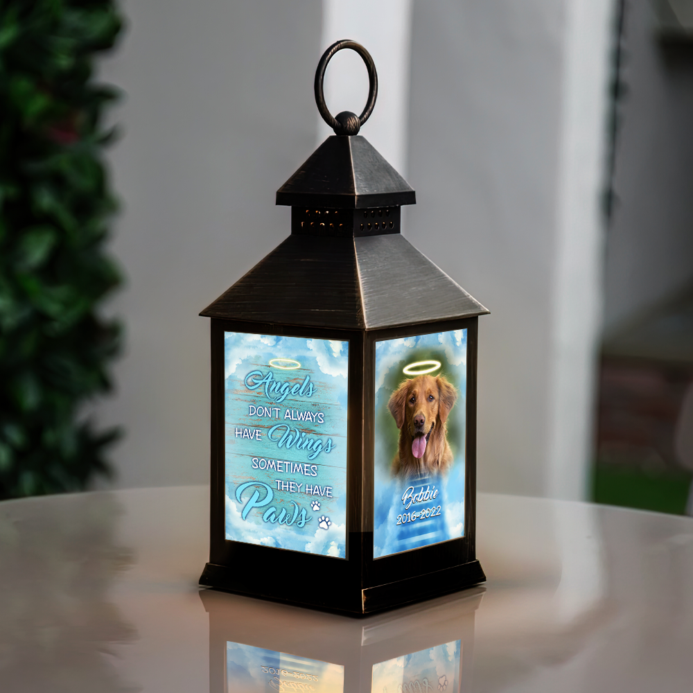 Personalized Angels Sometimes Have Paws Dog Memorial Lantern, Sympathy Gift For Dog Lovers JonxiFon