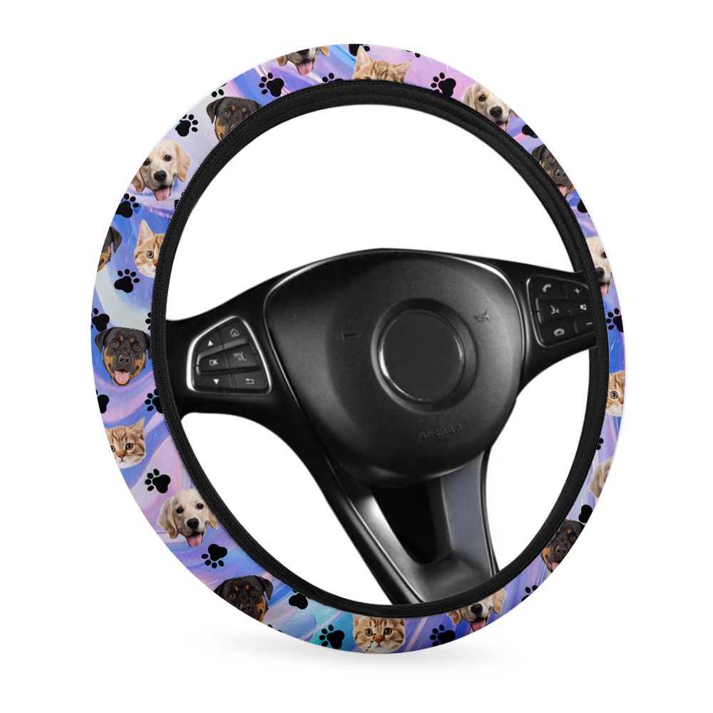Custom Hologram Tie Dye Photo Dog Cat Car Steering Wheel Cover, Pet Lover Gift JonxiFon