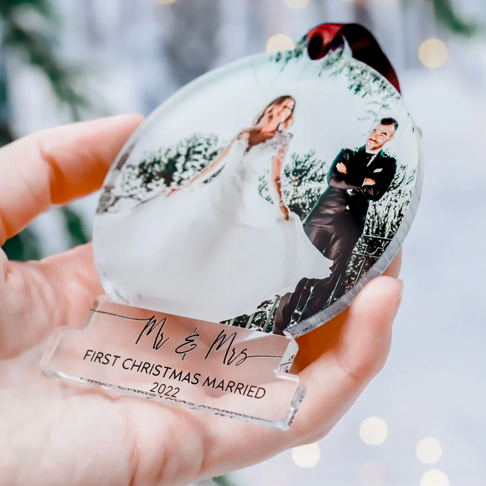 Custom Photo First Christmas Married Printed Acrylic Ornament, Wedding Couple Custom Gift AE
