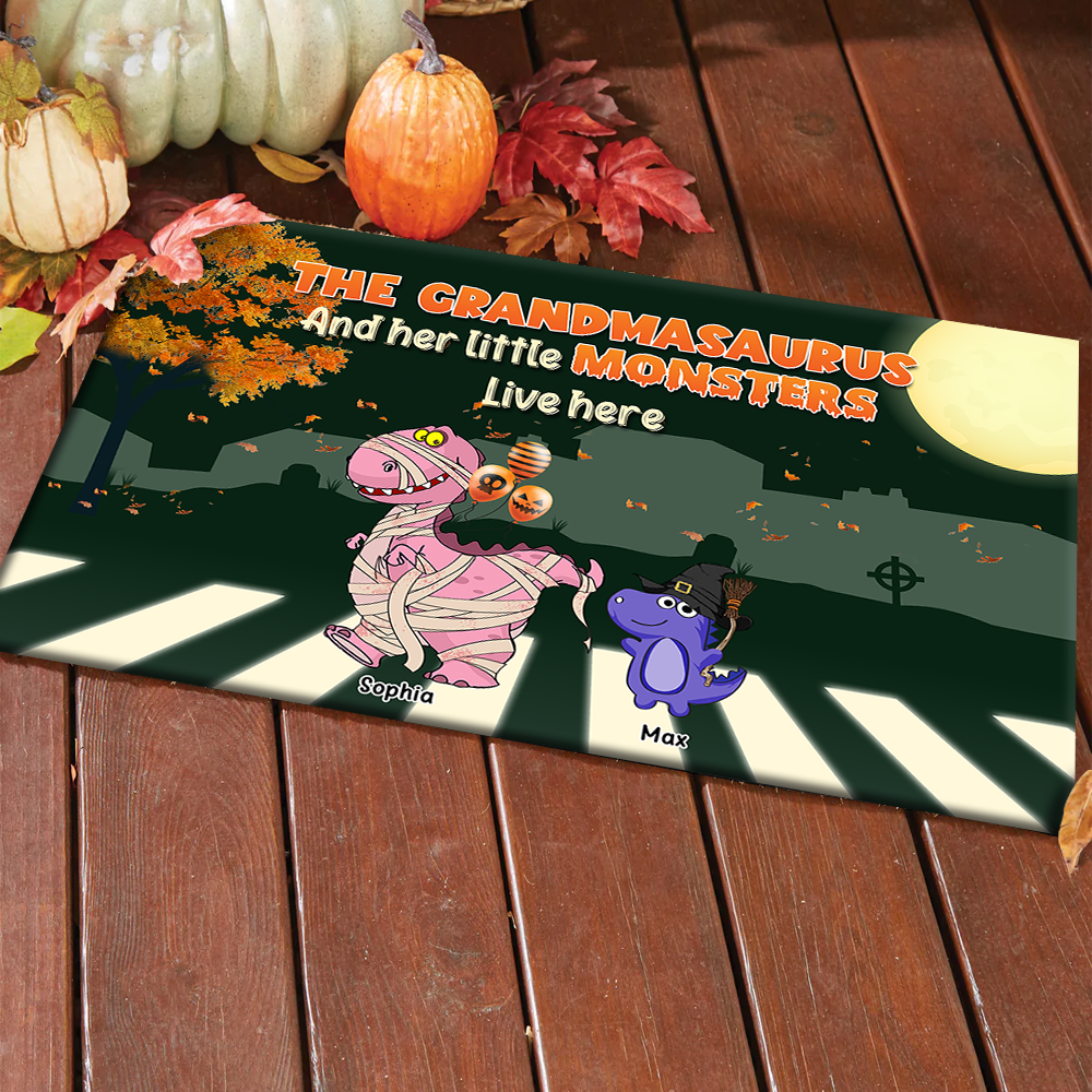 Personalized Grandma And Kids Dinosaur Halloween Doormat AB