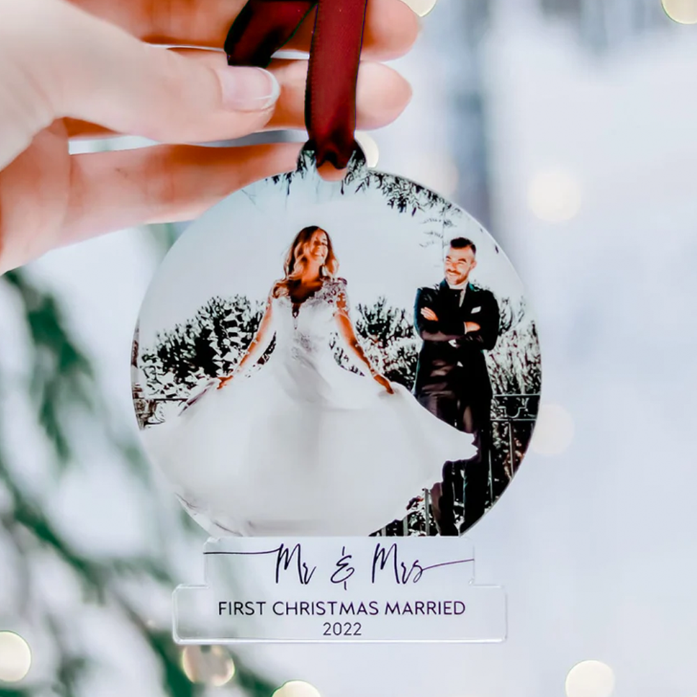 Custom Photo First Christmas Married Printed Acrylic Ornament, Wedding Couple Custom Gift AE