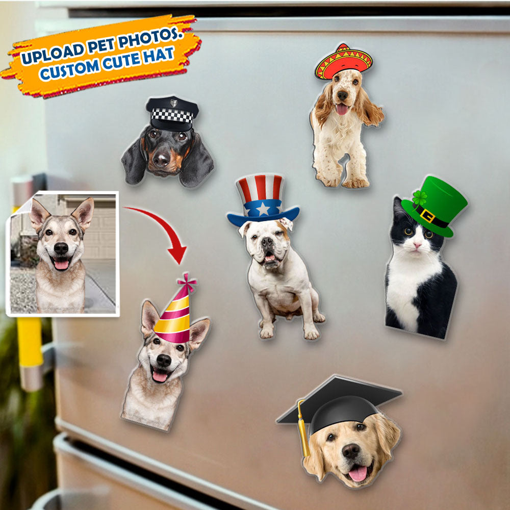 Custom Photo Cute Pet Hat Magnets, Fridge Magnet, Gift For Dog Cat Lovers JonxiFon