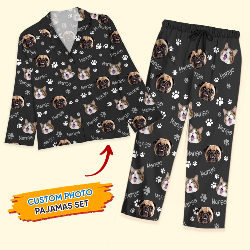 Custom Dog Cat Photo With Name Pajamas Set, Pet Lover Gift AB