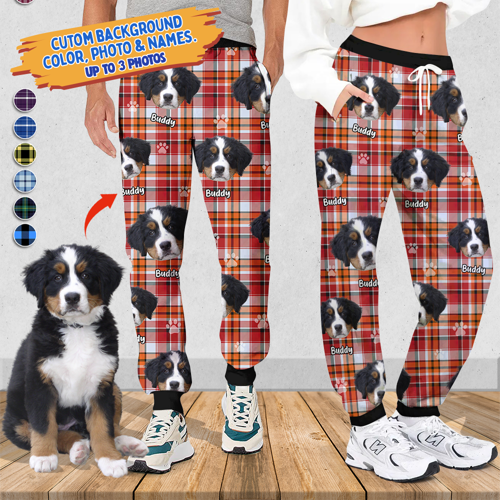 Pet Photo With Name Multicolor Buffalo Plaid Sweatpants, Custom Gift For Men and Women AB